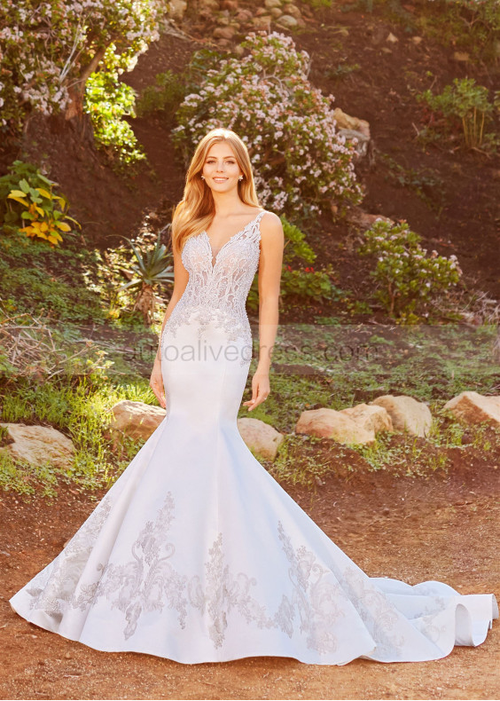 V Neck Beaded Ivory Lace Satin Wedding Dress V Neck Beaded Ivory Lace Satin Wedding Dress